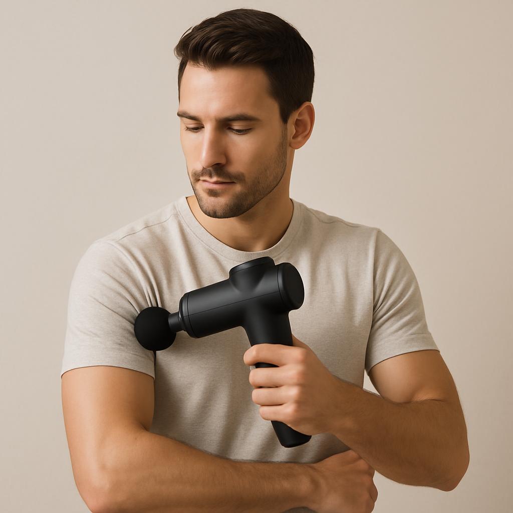 The image shows a man holding a massage cannon in his hands. The man has short brown hair and is wearing a tan colored, sh...