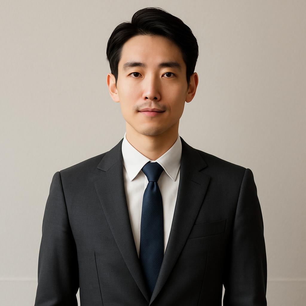 An Asian male in a formal grey suit, white collared dress shirt, blue necktie, and short dark hair.