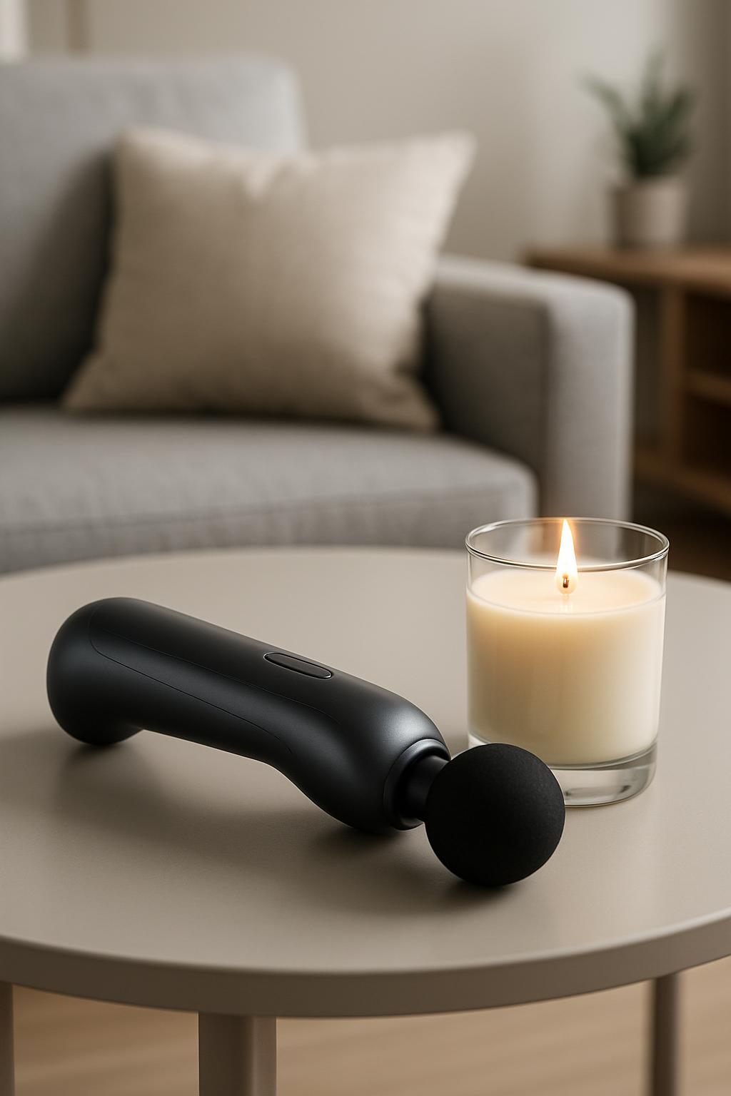 The image shows a black personal massage device with a round head on the end, a lit candle in a clear glass container, and...