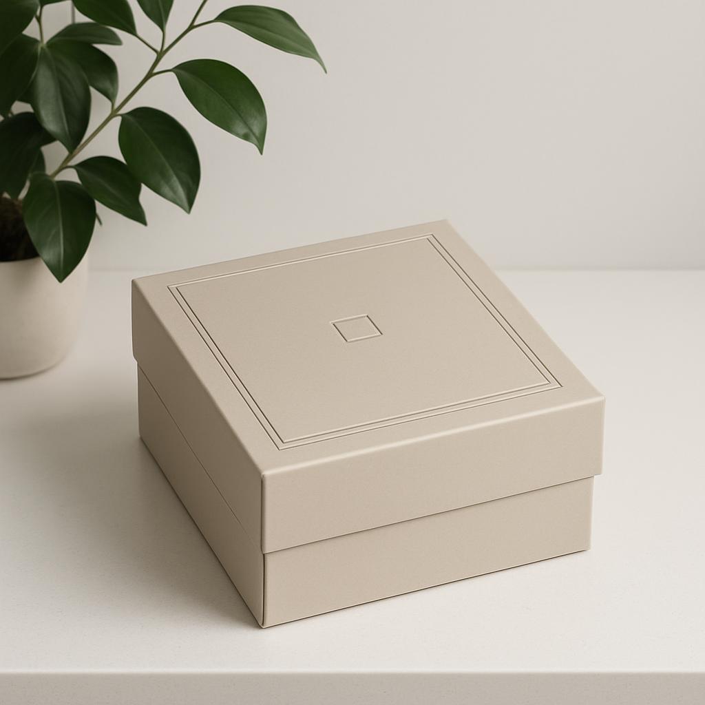 An off white rectangular cardboard box with etched and embossed design is sitting on a white table. The top of the box is ...