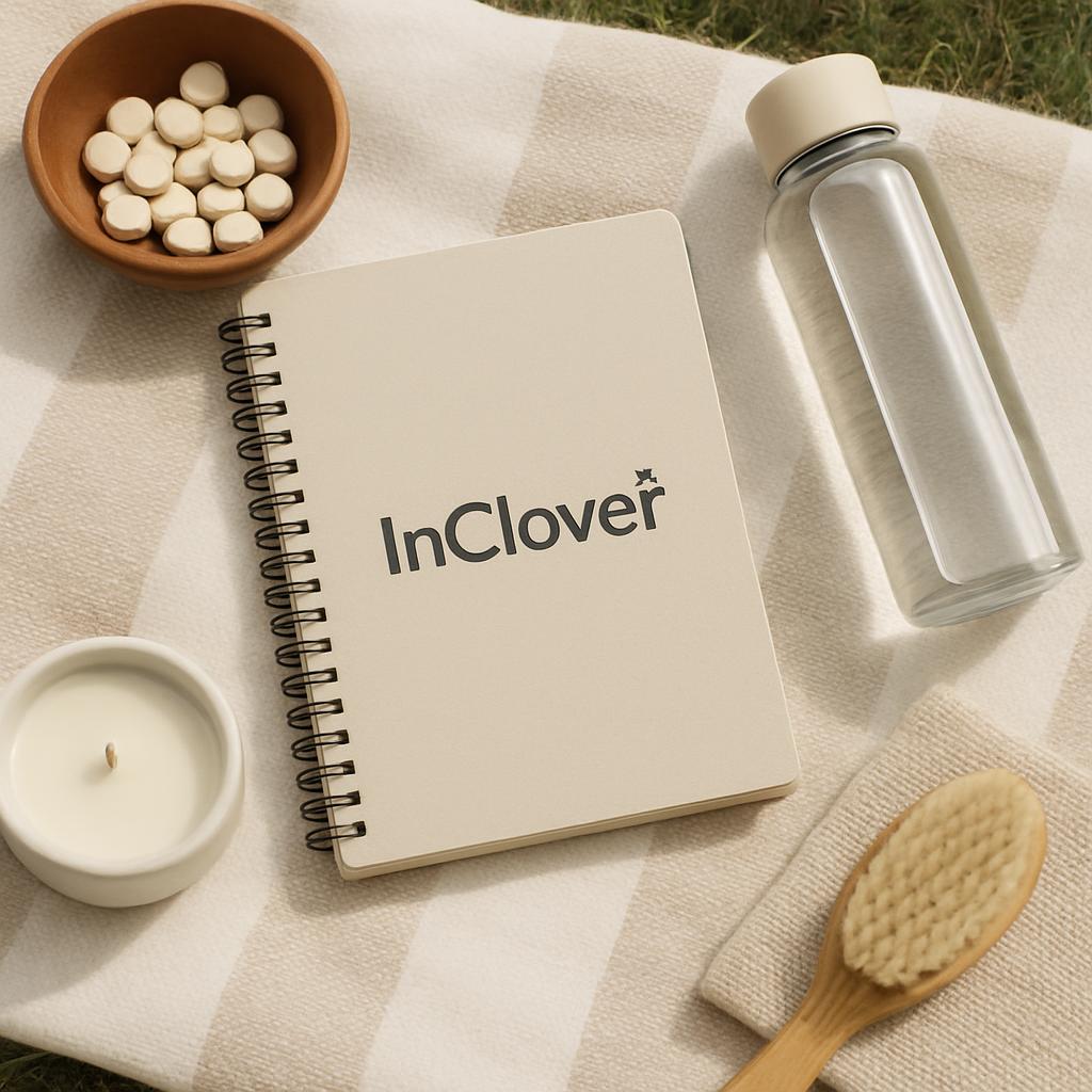 A collection of natural spa products laid out on a blanket in the backyard. The products appear to be: A notebook with the...