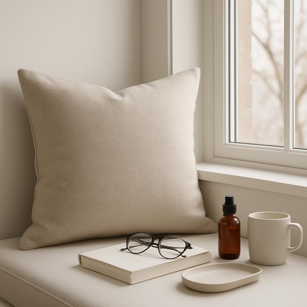 A beige throw pillow resting on a beige couch with an assortment of accessories arranged in front of it.