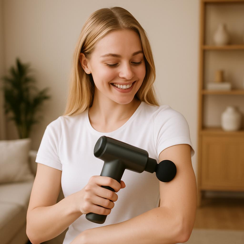 A woman with blonde hair, wearing a white t-shirt, holds a black massage gun features a round head. The person appears to ...