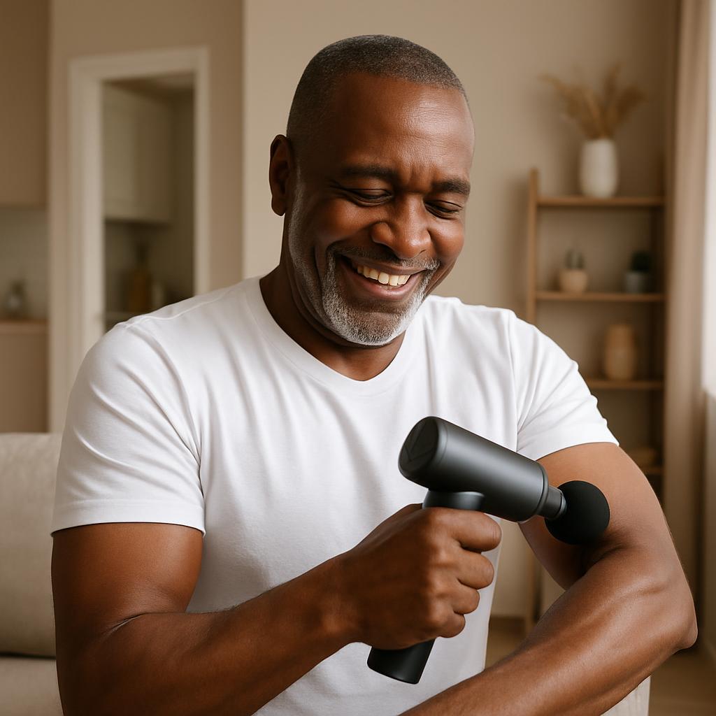 The image depicts a man massaging his arm with a black handheld massager. The alt text for the image reads: "Black man smi...