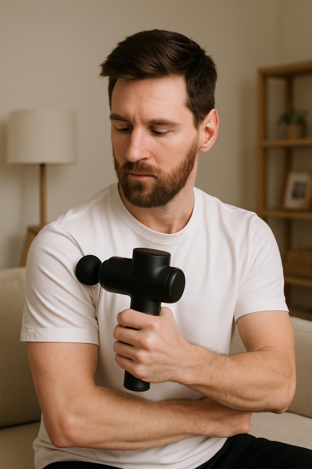 A man sits cross-armed on a couch, intently gazing down at a black, handheld massager that he holds in front of him, its e...