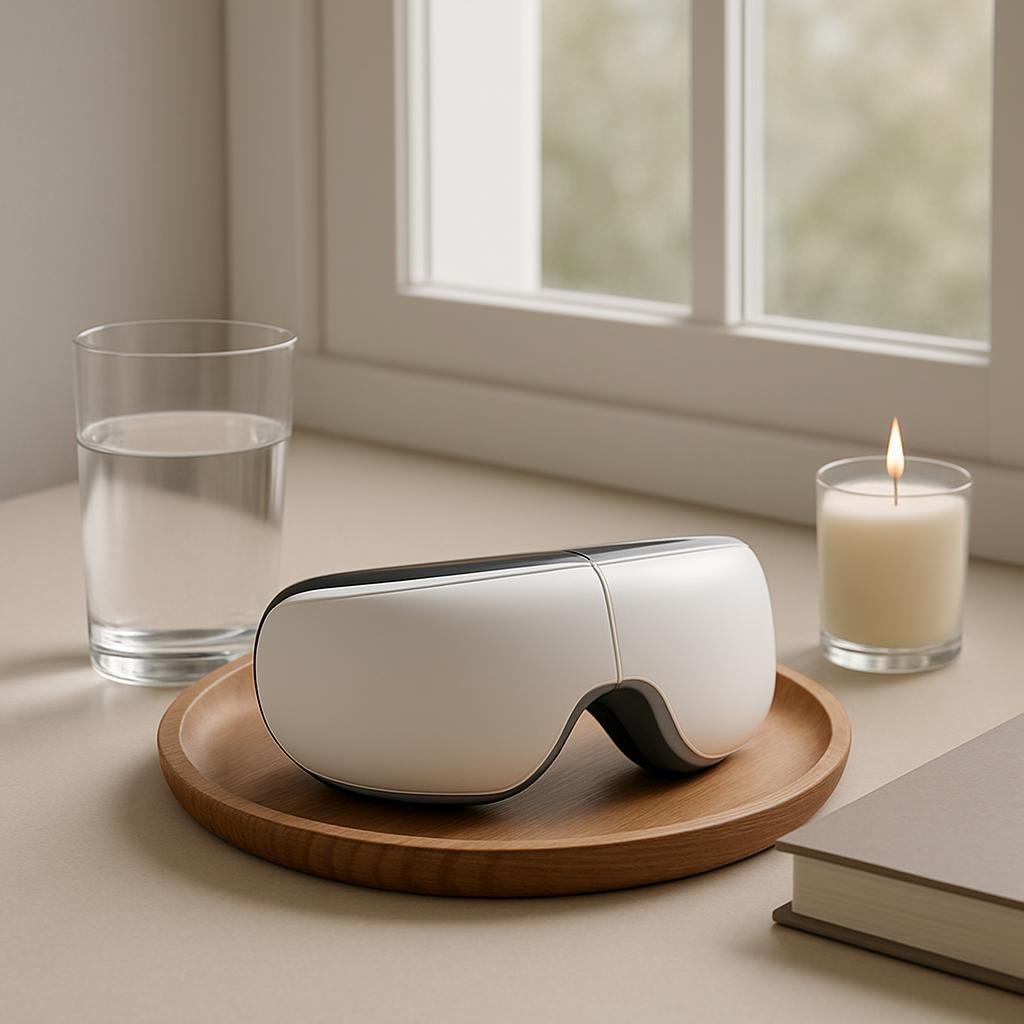 An eye massager resting on a wooden tray. The massager is white and black and the window in the background has white trim.