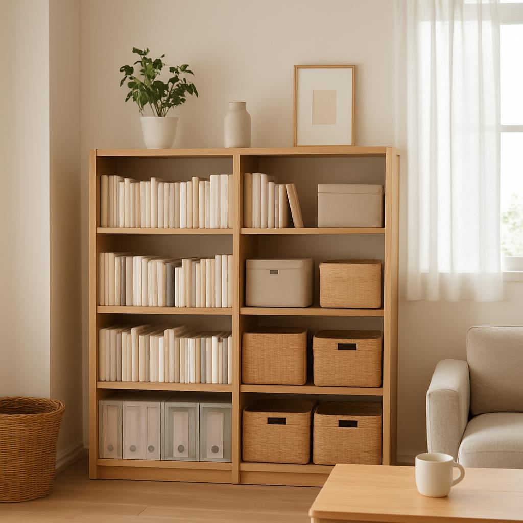 A living room with a bookshelf, a coffee table, and a couch. The bookshelf is light-colored wood and has multiple shelves ...