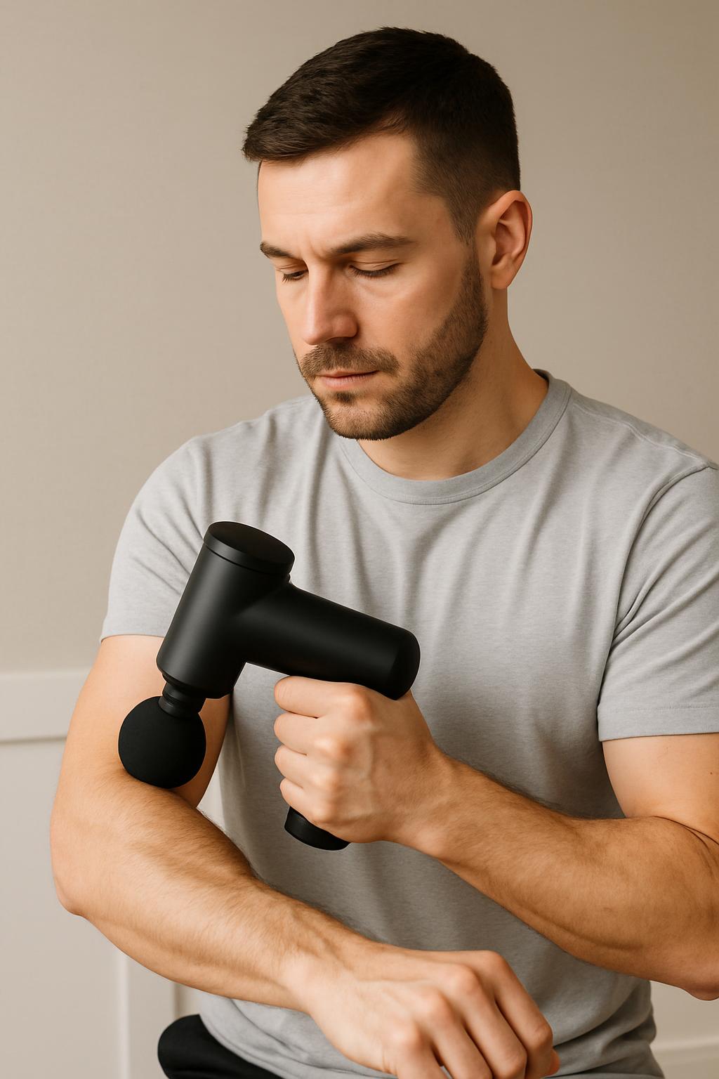 This image shows a Caucasian man with short brown hair, wearing a gray t-shirt, holding a small cordless massage device ov...