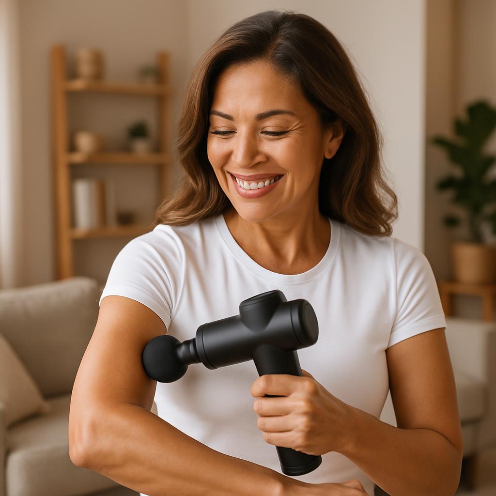 A middle-aged woman is using an electric massager gun on her upper left arm to promote relaxation. She has brown hair and ...