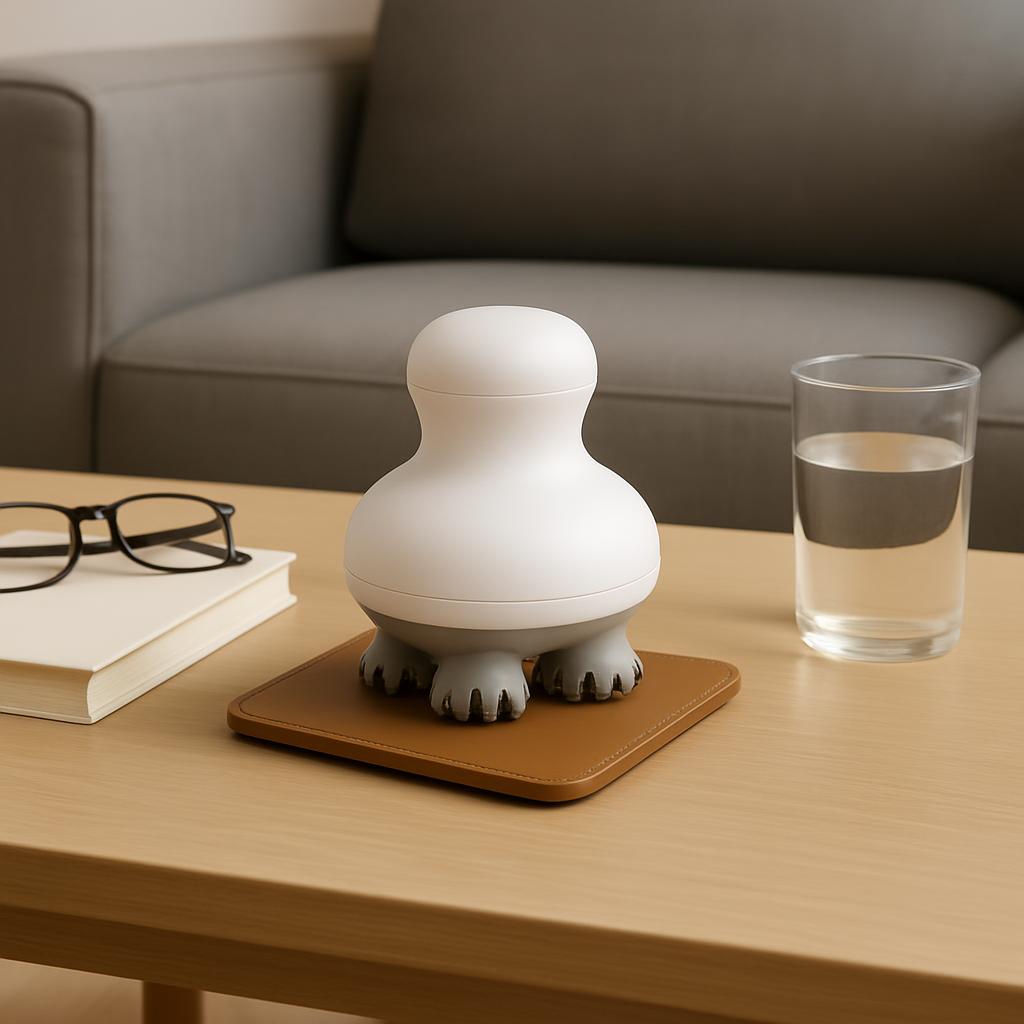 A serene living room corner features a light-colored wood table, accompanied by a white rattle, an empty glass of water on...